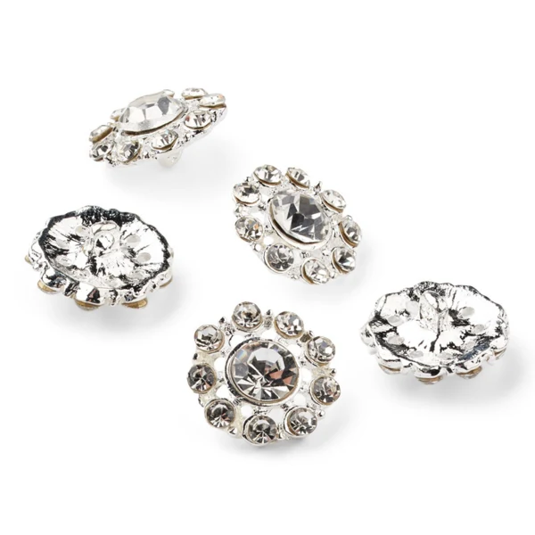HobbyArts Rhinstensknapper, Hvid/Sølv, 13 mm, 5 stk