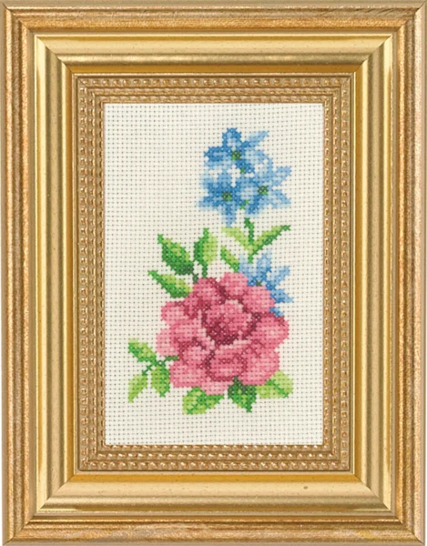 Broderikit Rose og blå blomster 9 x 14 cm