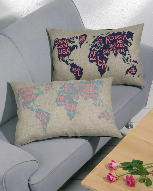 Broderikit Verdenskort gråblå 68 x 46 cm