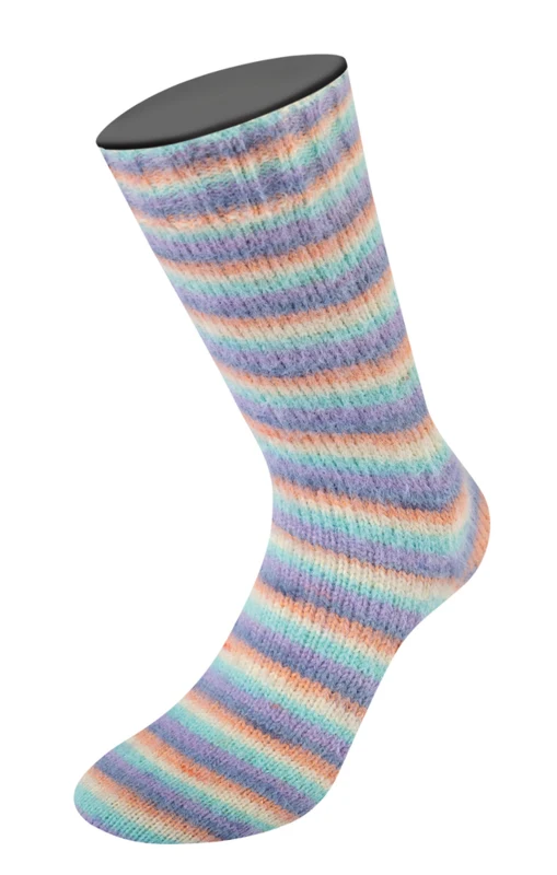 Lana Grossa Cosy Socks Multi Stripes 153 Lavendel/gråblå/laks/creme/turkis