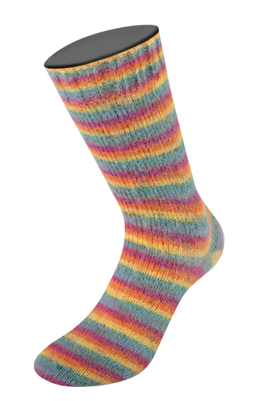 Lana Grossa Cosy Socks Multi Stripes 151 Petrol/røgblå/fuchsia/orange/gul