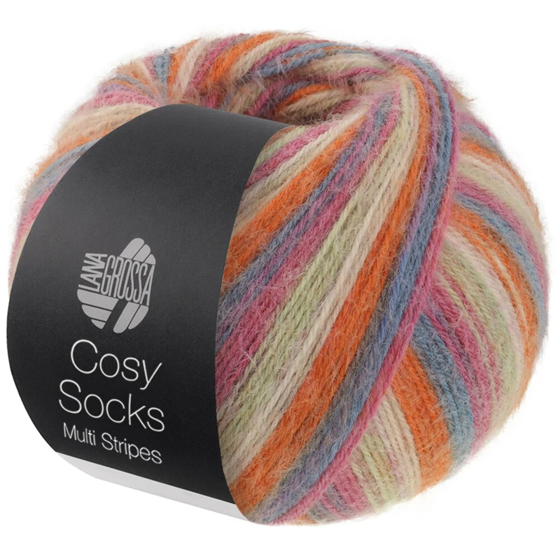 Lana Grossa Cosy Socks Multi Stripes 154 Mørkegrå/gråblå/fuchsia/lysegrøn/creme/orange