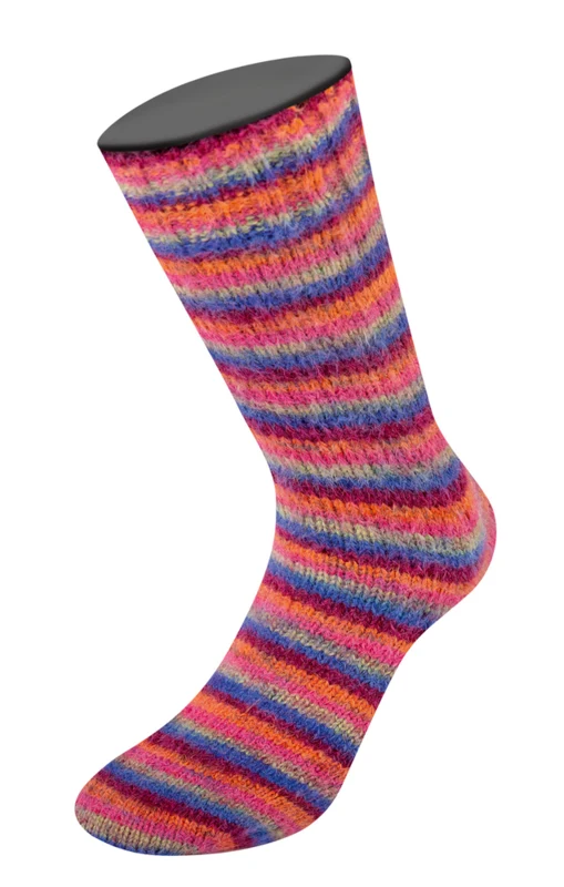 Lana Grossa Cosy Socks Multi Stripes 156 Blåviolet/vinrød/græskar/pink/grågrøn