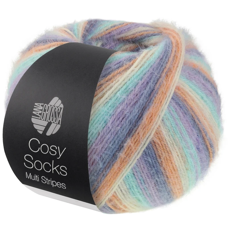 Lana Grossa Cosy Socks Multi Stripes 153 Lavendel/gråblå/laks/creme/turkis