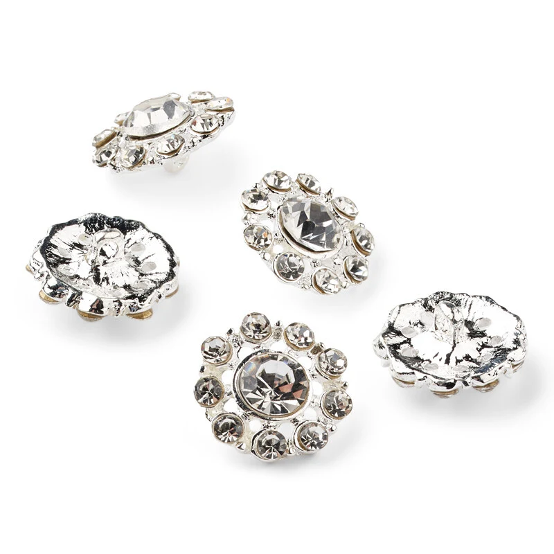 HobbyArts Rhinstensknapper, Hvid/Sølv, 13 mm, 5 stk
