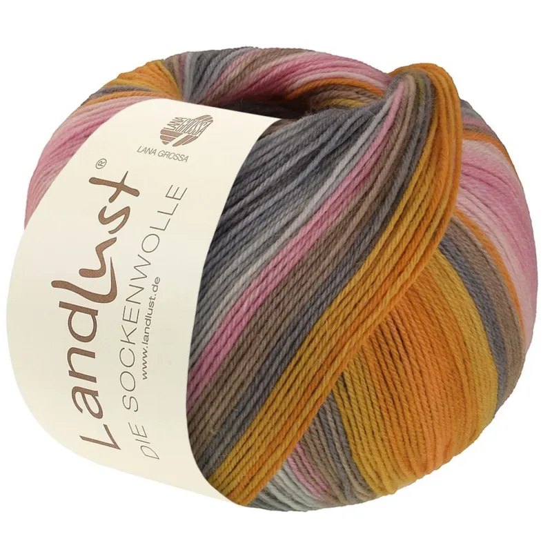 Lana Grossa Landlust Die Sockenwolle 132 Orange/Æggeblomme/Lakseorange/Grå/Gråbeige/Sartrosa/Rosa/Nellike/Lysgrå stribet