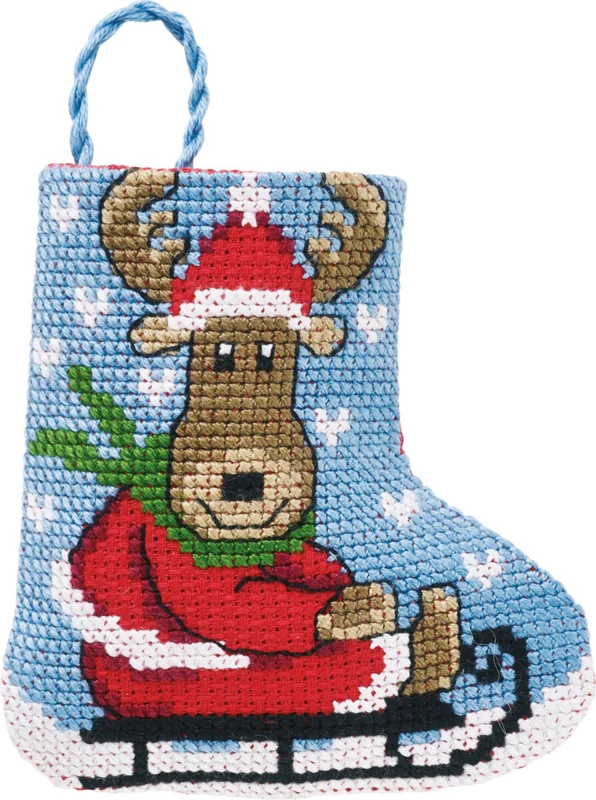Broderikit Elg kælk julestrømpe 7 x 8 cm