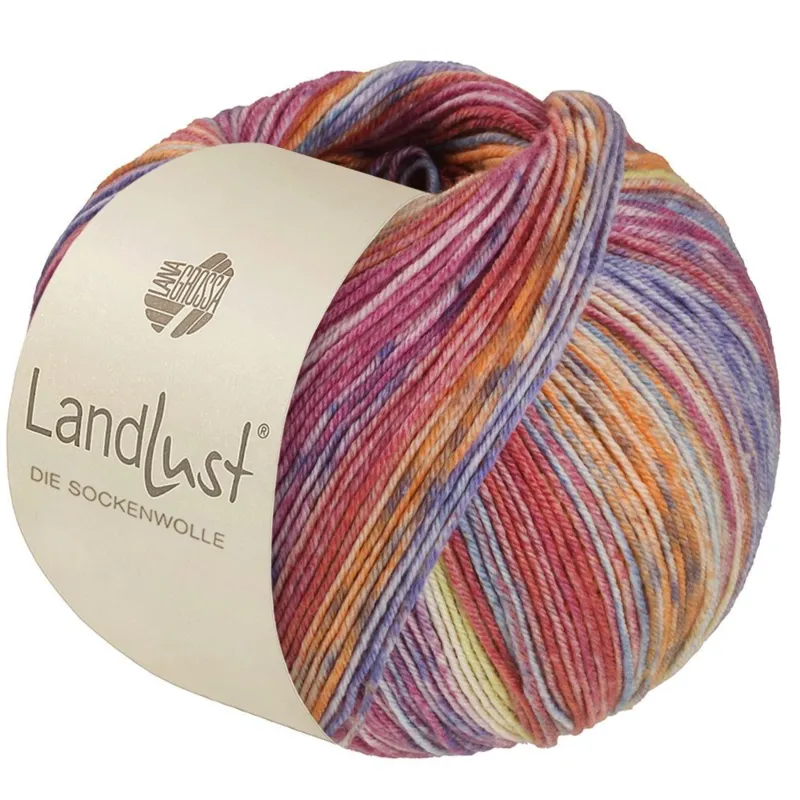 Lana Grossa Landlust die Sockenwolle Seide 335 Orange/Grå/Citrongul/Lyseblå/Blå/Violet/Fuchsia/Lys rød stribet