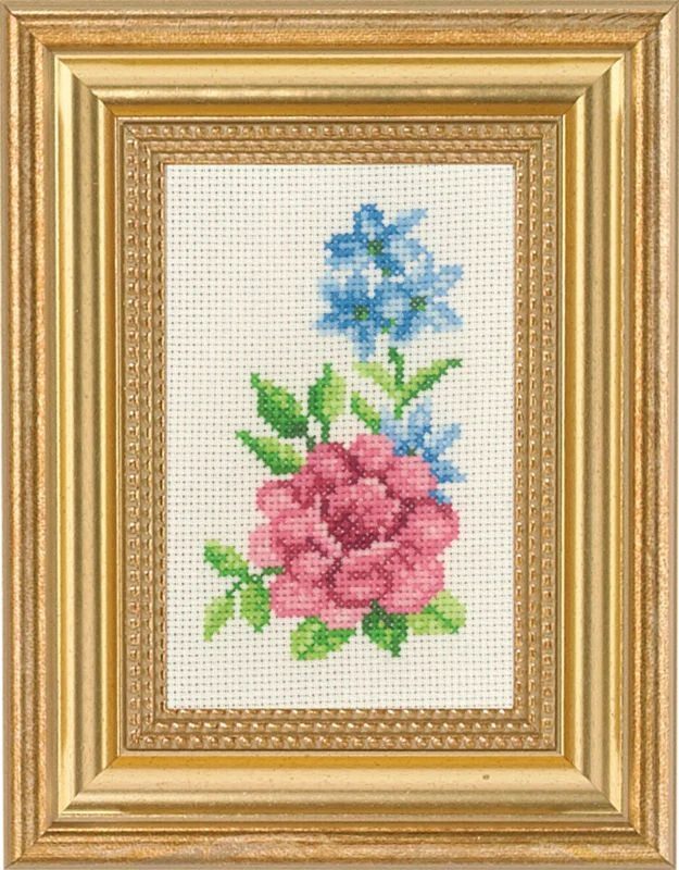 Broderikit Rose og blå blomster 9 x 14 cm